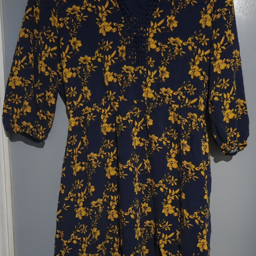 Market & Spruce Navy and Yellow Floral Long Sleeve Dress